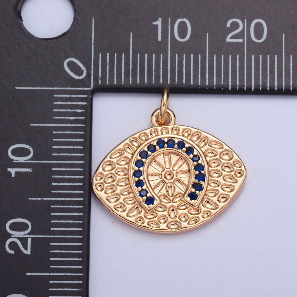 16K Gold plated Blue CZ Horseshoe Evil Eye Hammered Luck Protection Charm | W-312 - DLUXCA