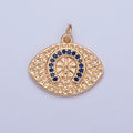 16K Gold plated Blue CZ Horseshoe Evil Eye Hammered Luck Protection Charm | W-312 - DLUXCA