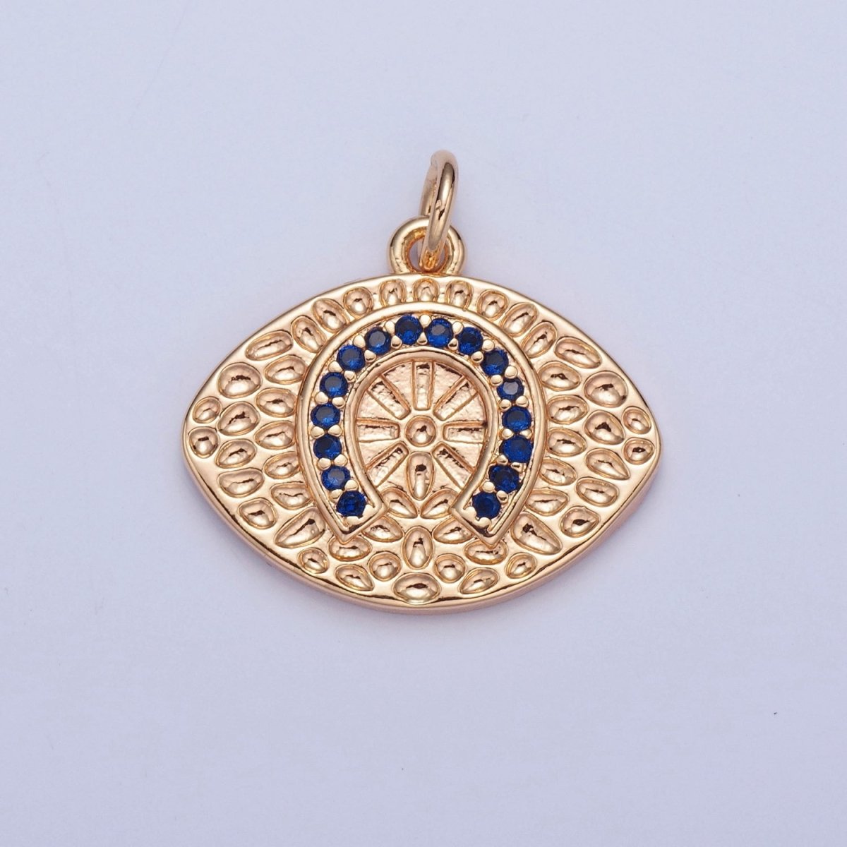 16K Gold plated Blue CZ Horseshoe Evil Eye Hammered Luck Protection Charm | W-312 - DLUXCA