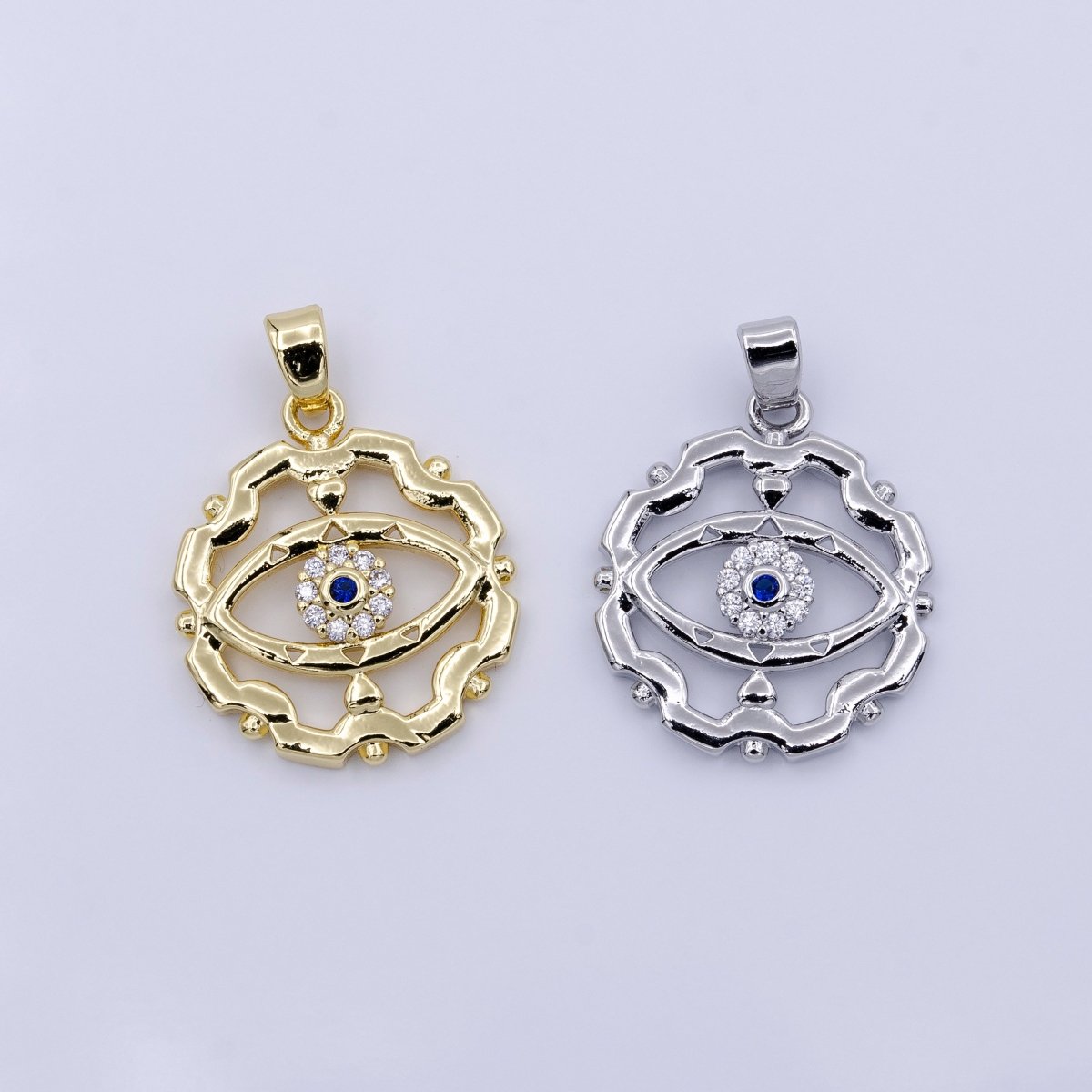16K Gold plated Blue-Eyed CZ Micro Paved Open Artisan Evil Eye Dotted Outline Pendant in Gold & Silver | AA429 AA430