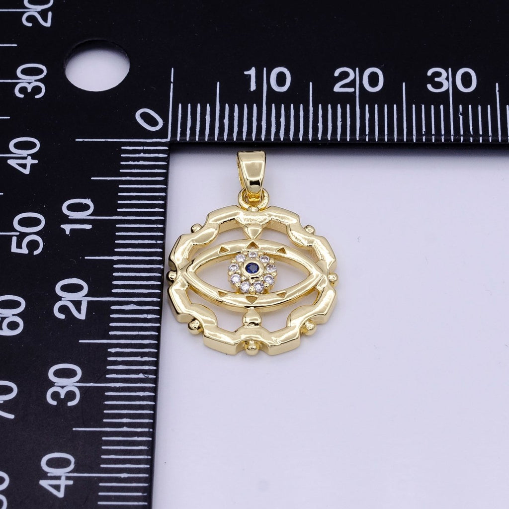 16K Gold plated Blue-Eyed CZ Micro Paved Open Artisan Evil Eye Dotted Outline Pendant in Gold & Silver | AA429 AA430