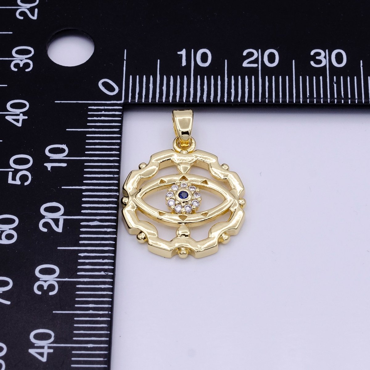 16K Gold plated Blue-Eyed CZ Micro Paved Open Artisan Evil Eye Dotted Outline Pendant in Gold & Silver | AA429 AA430