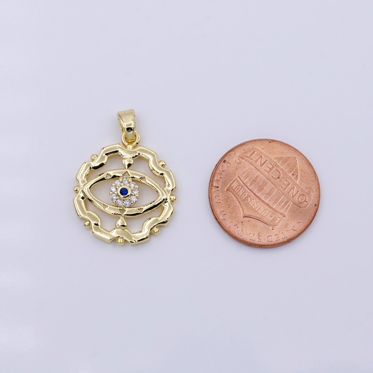 16K Gold plated Blue-Eyed CZ Micro Paved Open Artisan Evil Eye Dotted Outline Pendant in Gold & Silver | AA429 AA430