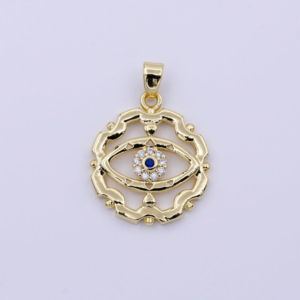 16K Gold plated Blue-Eyed CZ Micro Paved Open Artisan Evil Eye Dotted Outline Pendant in Gold & Silver | AA429 AA430