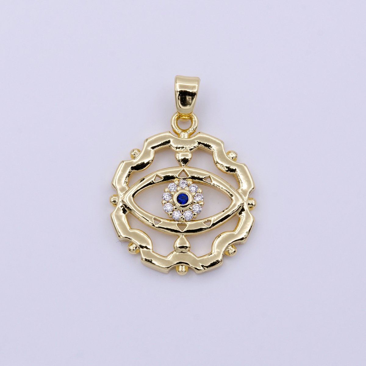 16K Gold plated Blue-Eyed CZ Micro Paved Open Artisan Evil Eye Dotted Outline Pendant in Gold & Silver | AA429 AA430