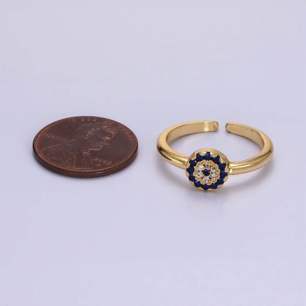 16K Gold plated Blue Micro Paved CZ Round Evil Eye Ring | O1052 - DLUXCA
