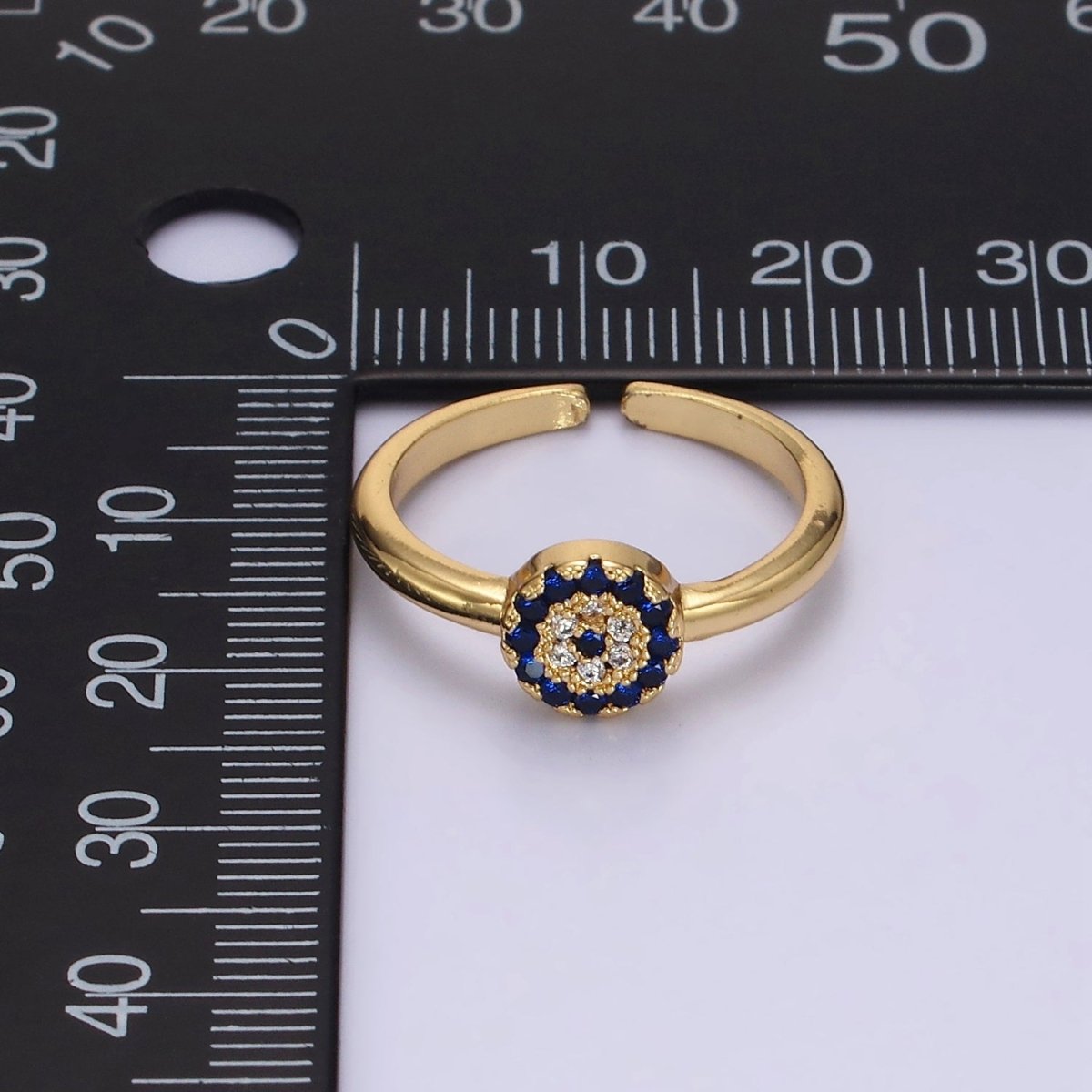 16K Gold plated Blue Micro Paved CZ Round Evil Eye Ring | O1052 - DLUXCA