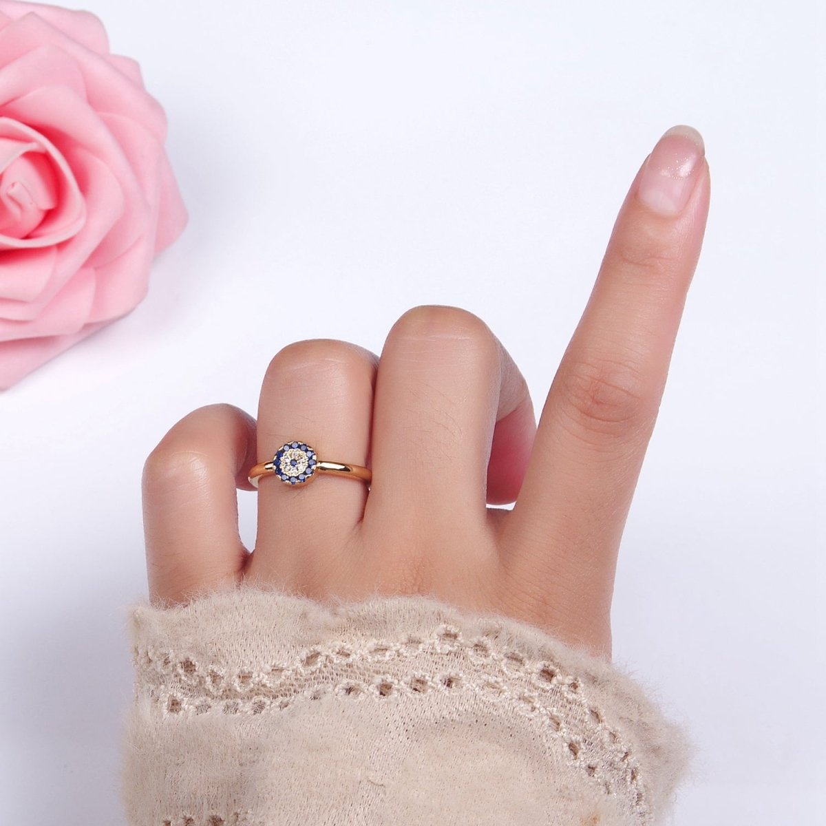 16K Gold plated Blue Micro Paved CZ Round Evil Eye Ring | O1052 - DLUXCA
