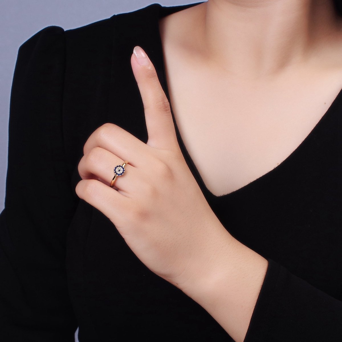 16K Gold plated Blue Micro Paved CZ Round Evil Eye Ring | O1052 - DLUXCA