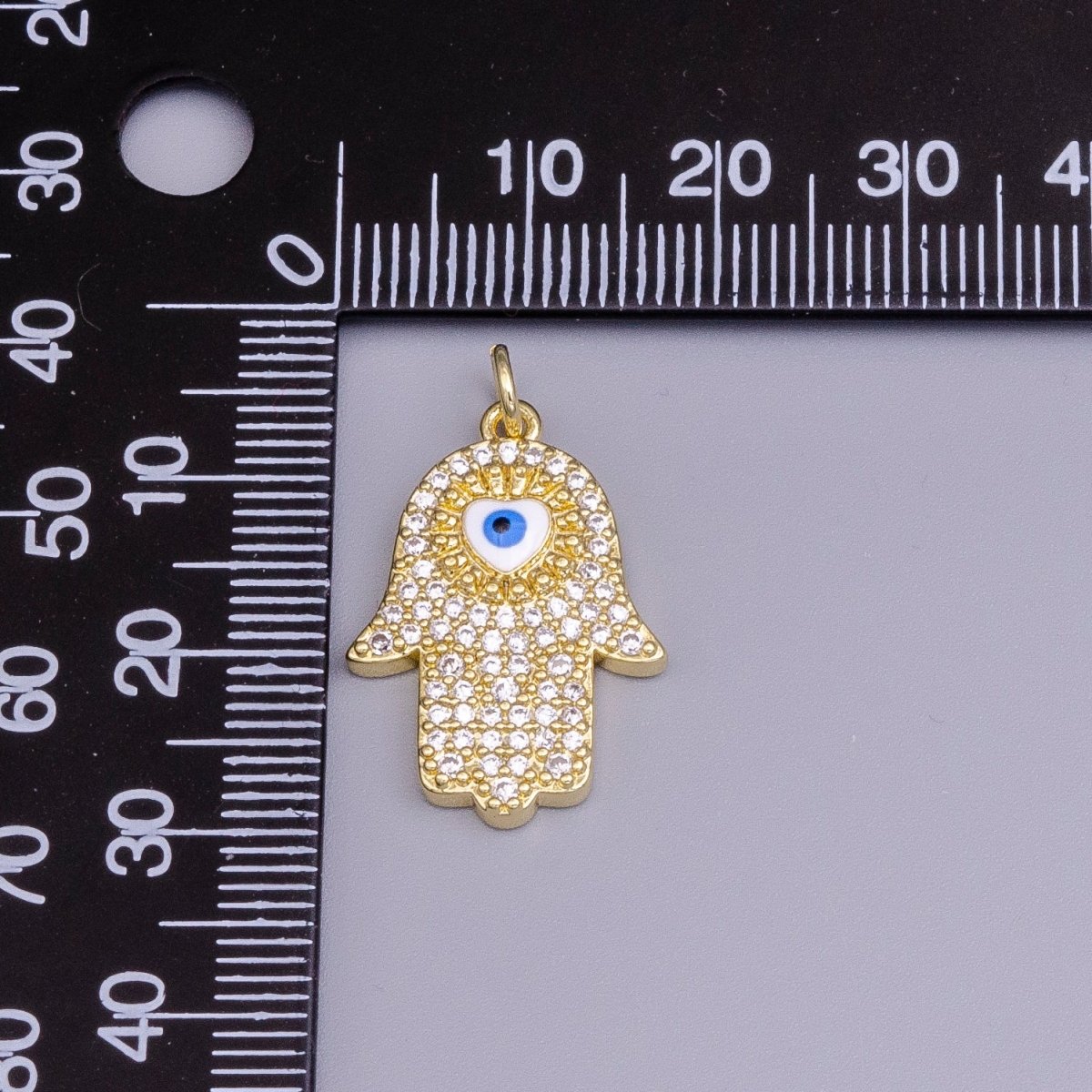 16K Gold plated Blue, White Evil Eye Enamel Micro Paved CZ Hamsa Hand Charm | AC1334 AC1335