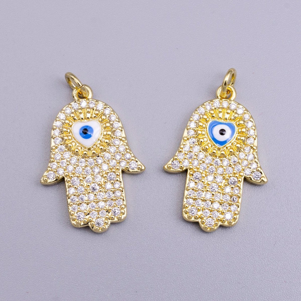 16K Gold plated Blue, White Evil Eye Enamel Micro Paved CZ Hamsa Hand Charm | AC1334 AC1335