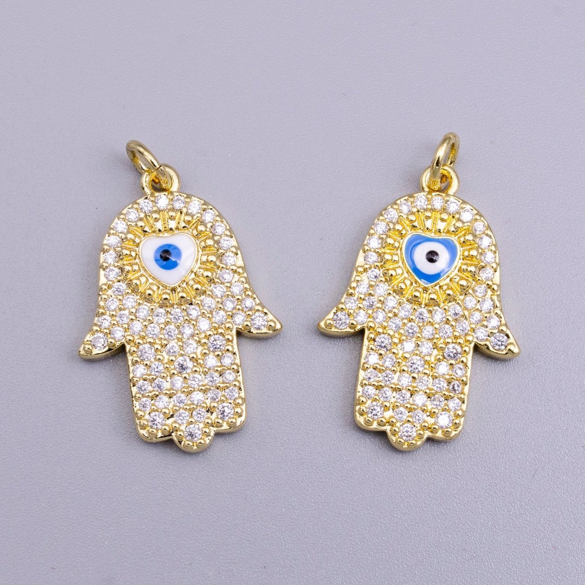 16K Gold plated Blue, White Evil Eye Enamel Micro Paved CZ Hamsa Hand Charm | AC1334 AC1335