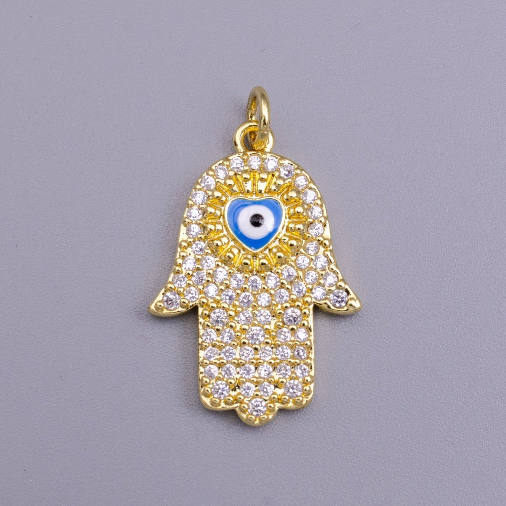 16K Gold plated Blue, White Evil Eye Enamel Micro Paved CZ Hamsa Hand Charm | AC1334 AC1335