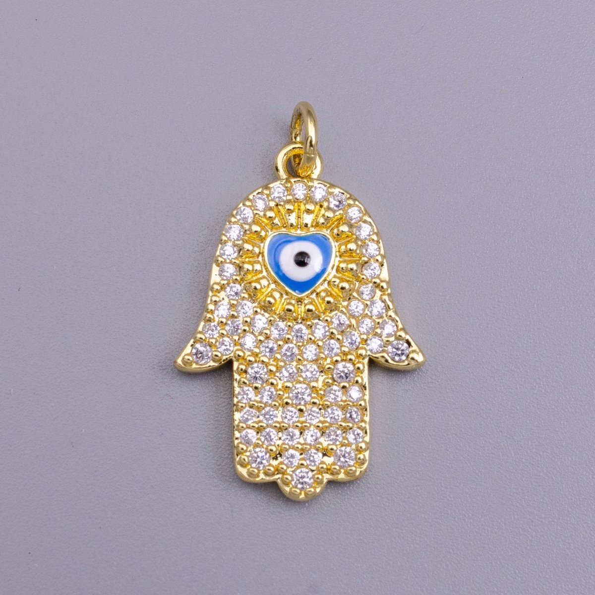 16K Gold plated Blue, White Evil Eye Enamel Micro Paved CZ Hamsa Hand Charm | AC1334 AC1335