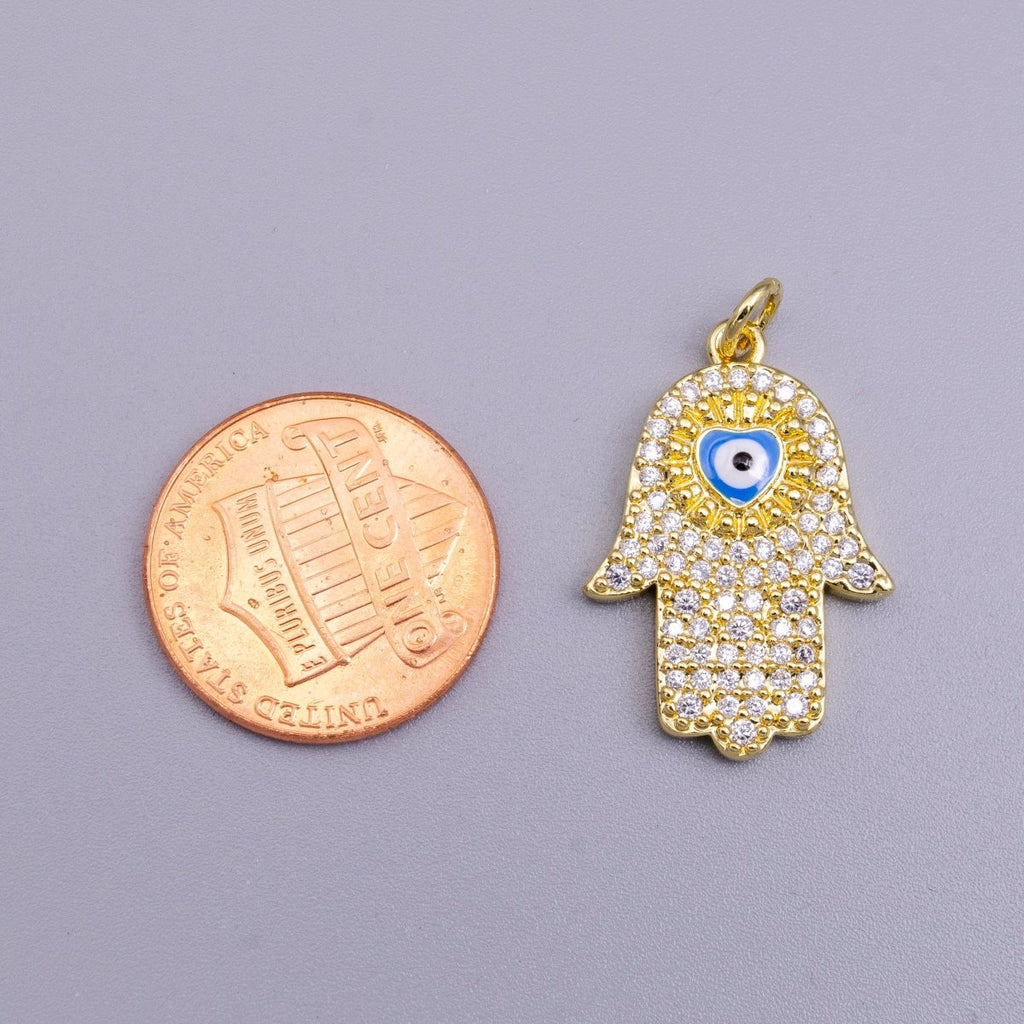 16K Gold plated Blue, White Evil Eye Enamel Micro Paved CZ Hamsa Hand Charm | AC1334 AC1335