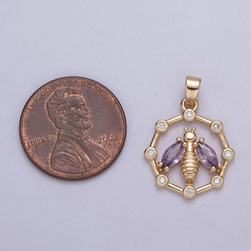 16K Gold plated Bumble Bee Hexagonal Green, Pink, Clear, Purple CZ Point Open Pendant H-406 H-408 H-409 H-410