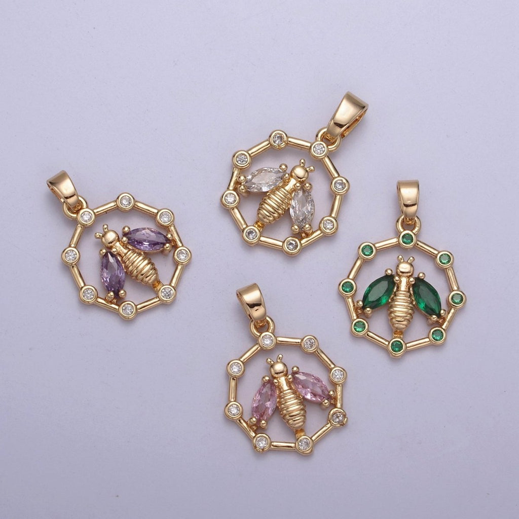16K Gold plated Bumble Bee Hexagonal Green, Pink, Clear, Purple CZ Point Open Pendant H-406 H-408 H-409 H-410