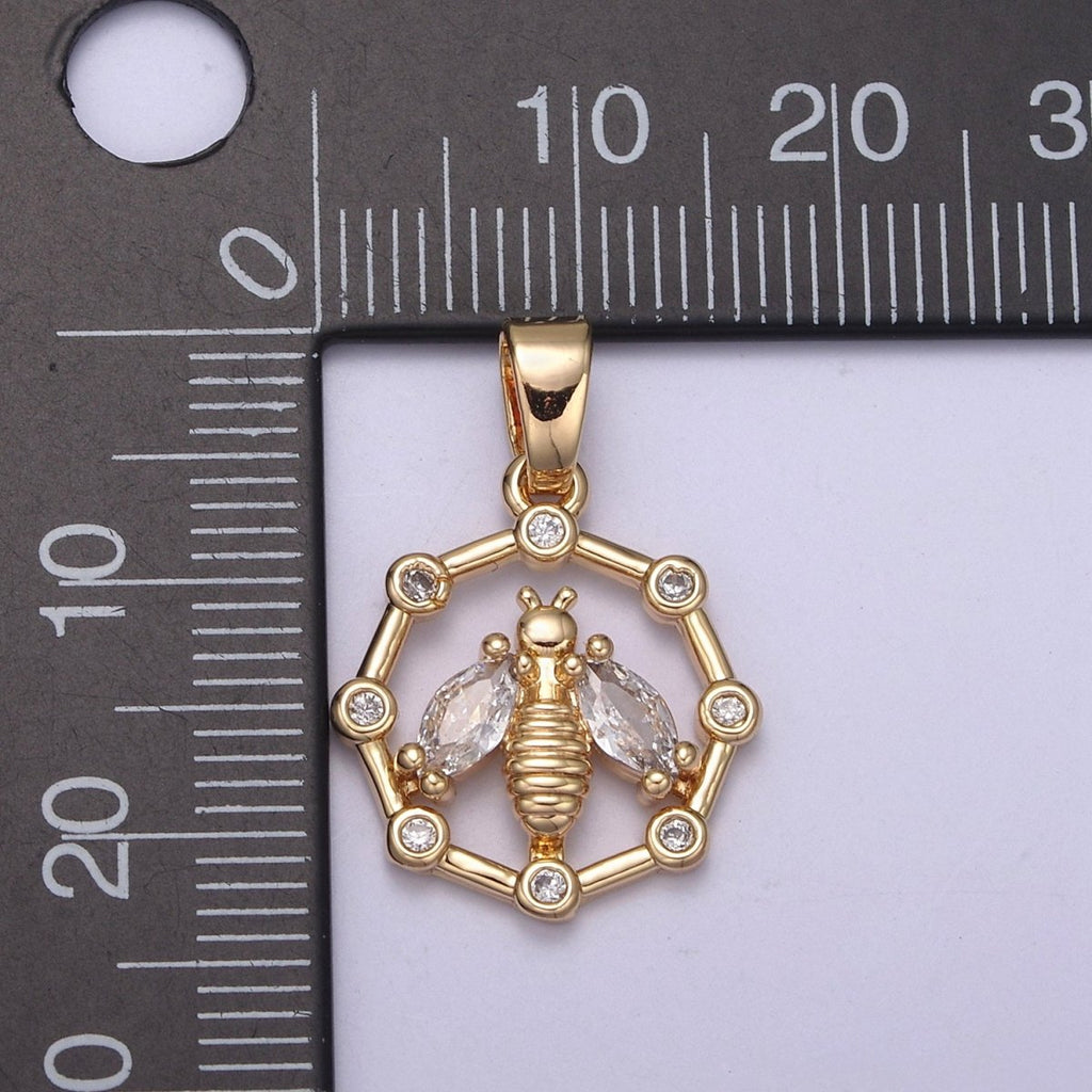 16K Gold plated Bumble Bee Hexagonal Green, Pink, Clear, Purple CZ Point Open Pendant H-406 H-408 H-409 H-410