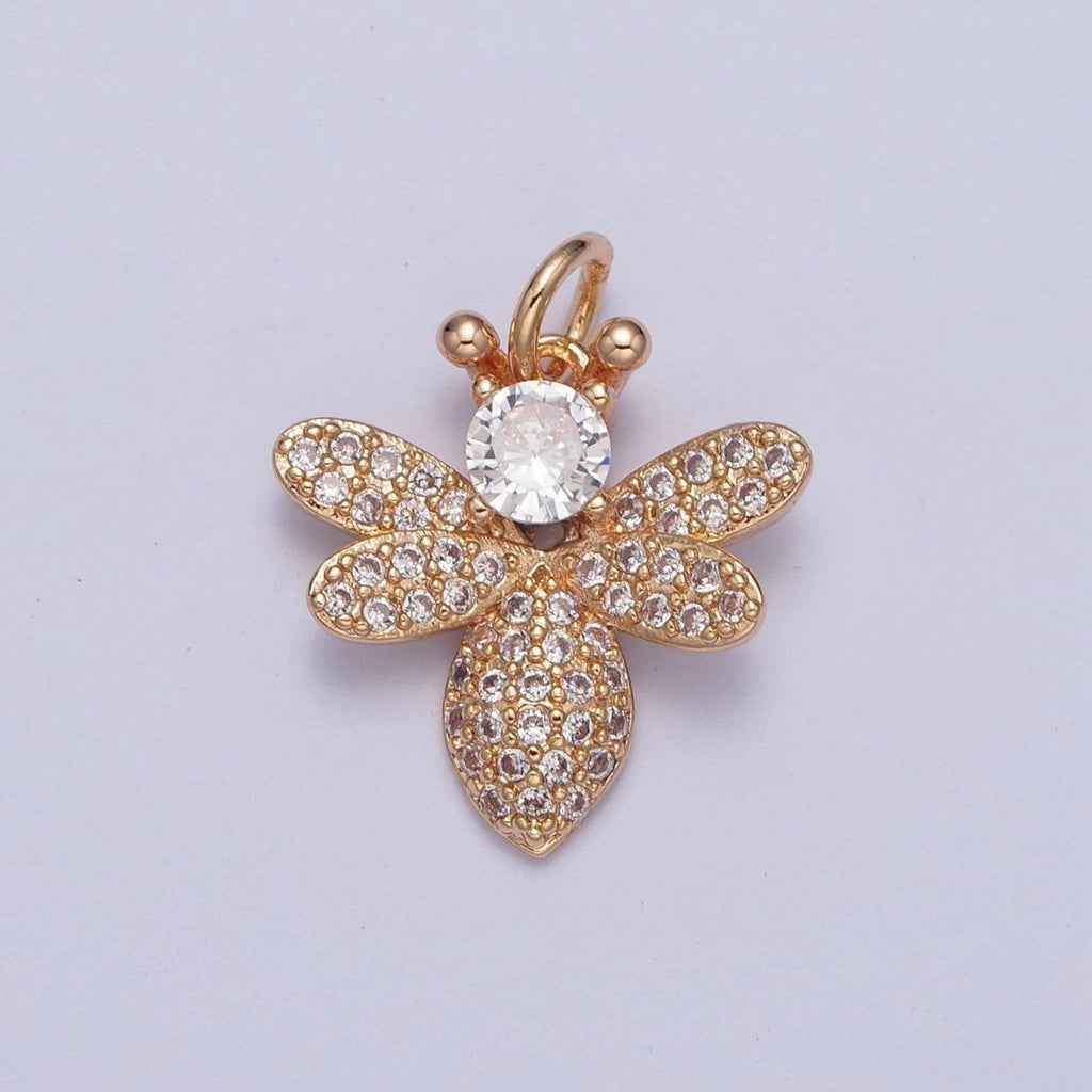 16K Gold plated Bumble Honey Bee Round Micro Paved Cubic Zirconia Garden Insect Jewelry Component | X-227 - DLUXCA