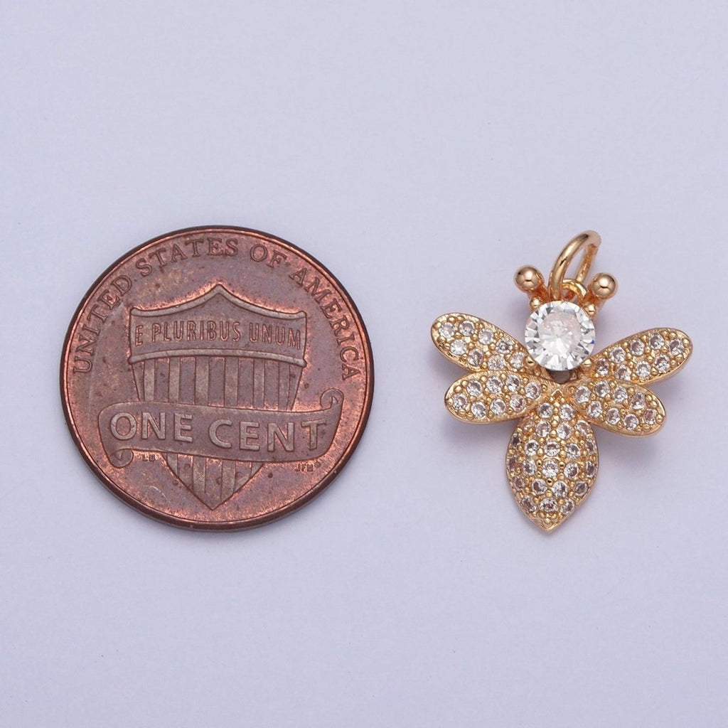 16K Gold plated Bumble Honey Bee Round Micro Paved Cubic Zirconia Garden Insect Jewelry Component | X-227 - DLUXCA