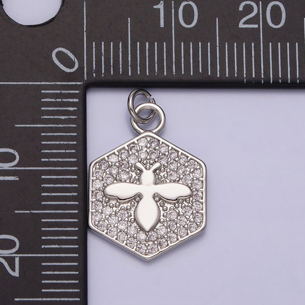 16K Gold plated Bumble Queen Bee Micro Paved CZ Hexagon Add-On Charm in Gold & Silver | AC1065 AC1066