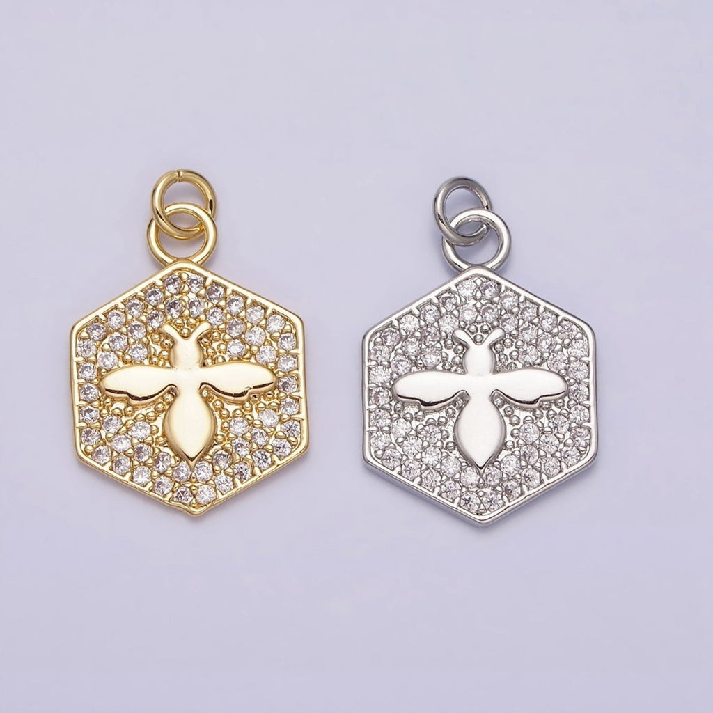 16K Gold plated Bumble Queen Bee Micro Paved CZ Hexagon Add-On Charm in Gold & Silver | AC1065 AC1066