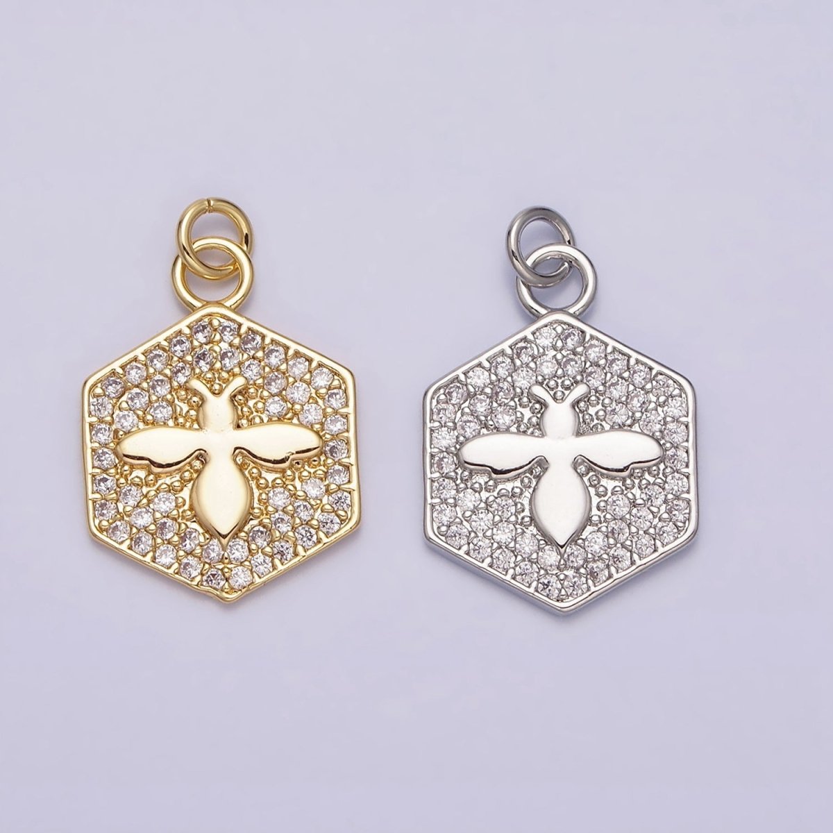 16K Gold plated Bumble Queen Bee Micro Paved CZ Hexagon Add-On Charm in Gold & Silver | AC1065 AC1066