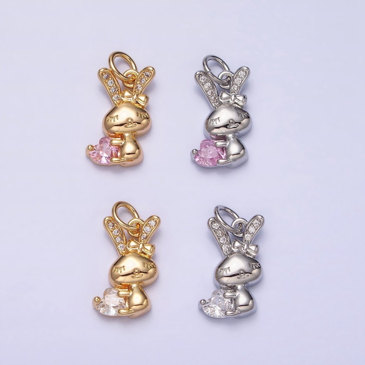 16K Gold plated Bunny Rabbit Hugging Clear, Pink Heart CZ Add-On Charm | AC1185 - AC1188 - DLUXCA
