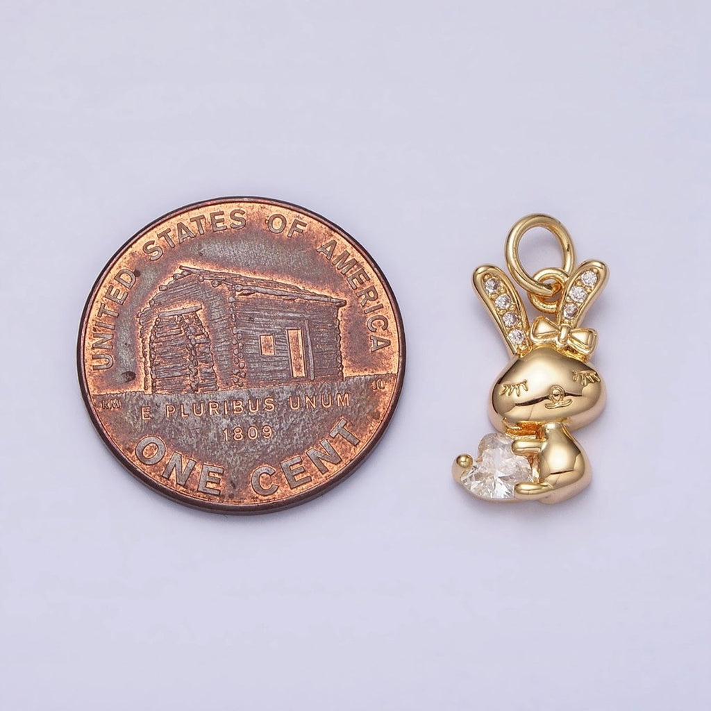 16K Gold plated Bunny Rabbit Hugging Clear, Pink Heart CZ Add-On Charm | AC1185 - AC1188 - DLUXCA
