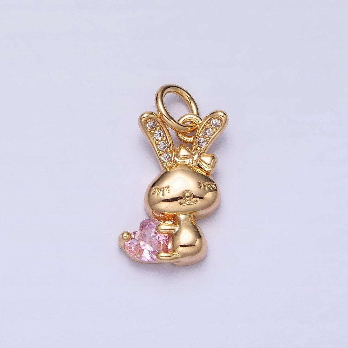 16K Gold plated Bunny Rabbit Hugging Clear, Pink Heart CZ Add-On Charm | AC1185 - AC1188 - DLUXCA