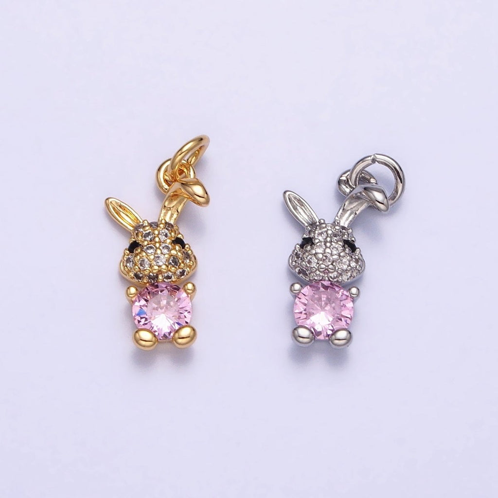 16K Gold plated Bunny Rabbit Micro Paved Pink CZ Add-On Charm in Gold & Silver | AC1215 AC1216 - DLUXCA