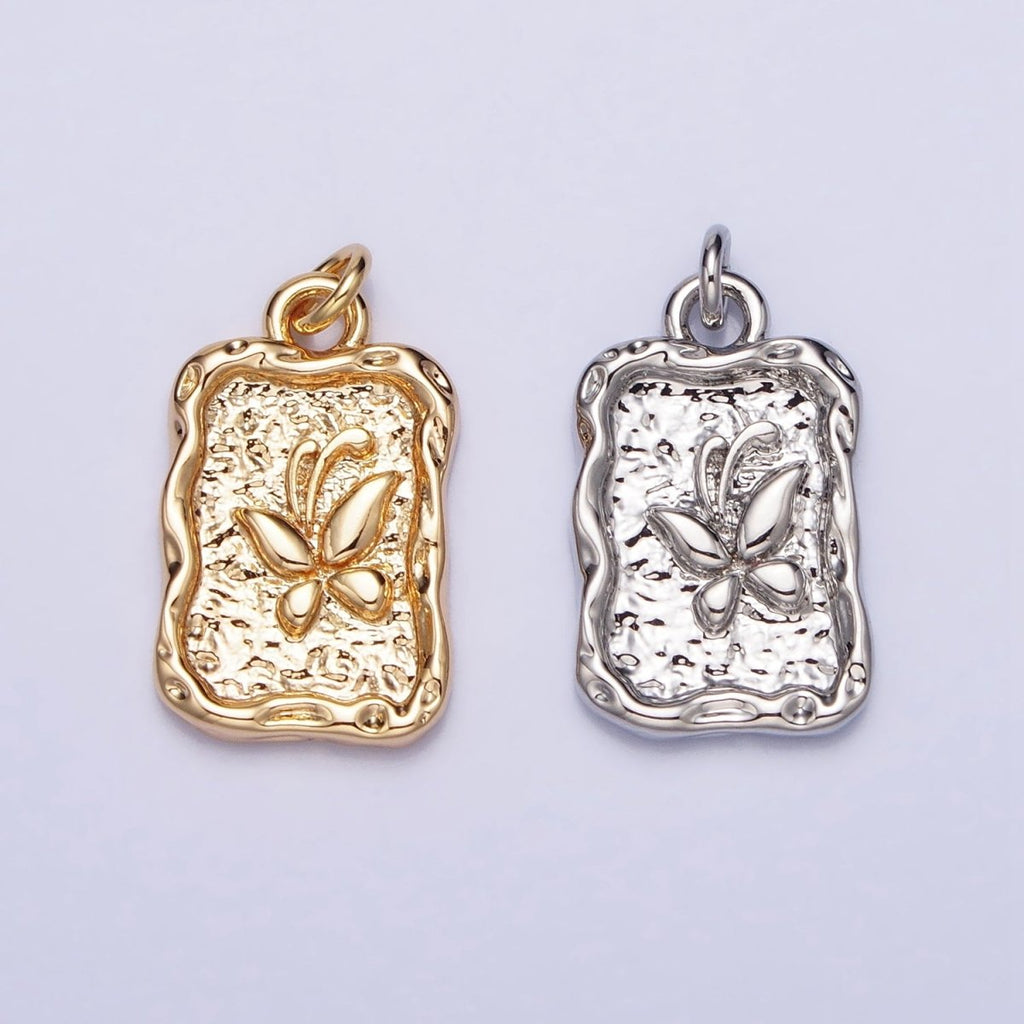 16K Gold plated Butterfly Textured Hammered Rectangular Stamped Charm in Gold & Silver | AC393 AC394