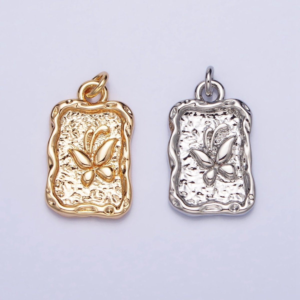16K Gold plated Butterfly Textured Hammered Rectangular Stamped Charm in Gold & Silver | AC393 AC394