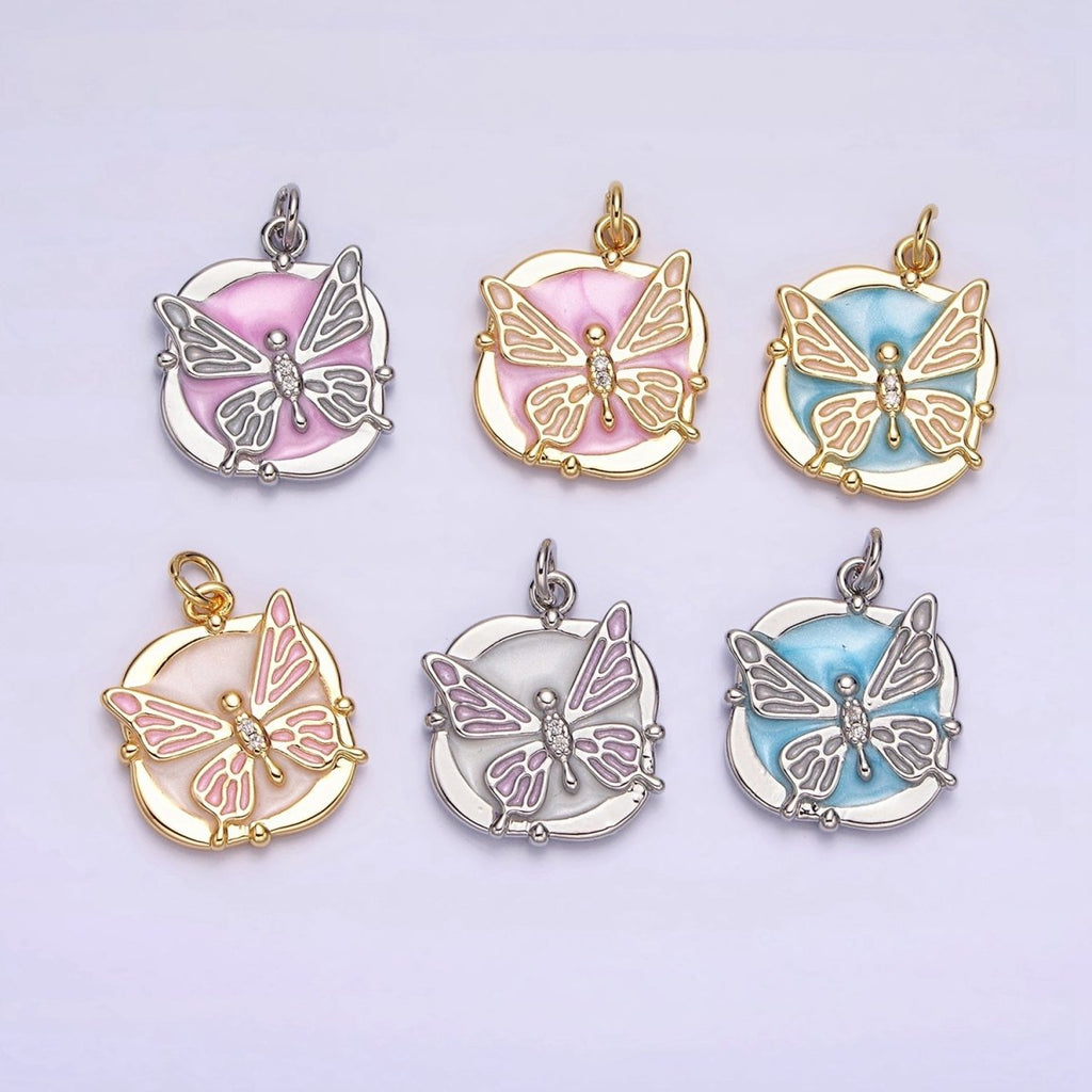 16K Gold plated Butterfly White, Pink, Blue Sparkly Enamel Round Square Charm in Gold & Silver | AC1549 - AC1554 - DLUXCA