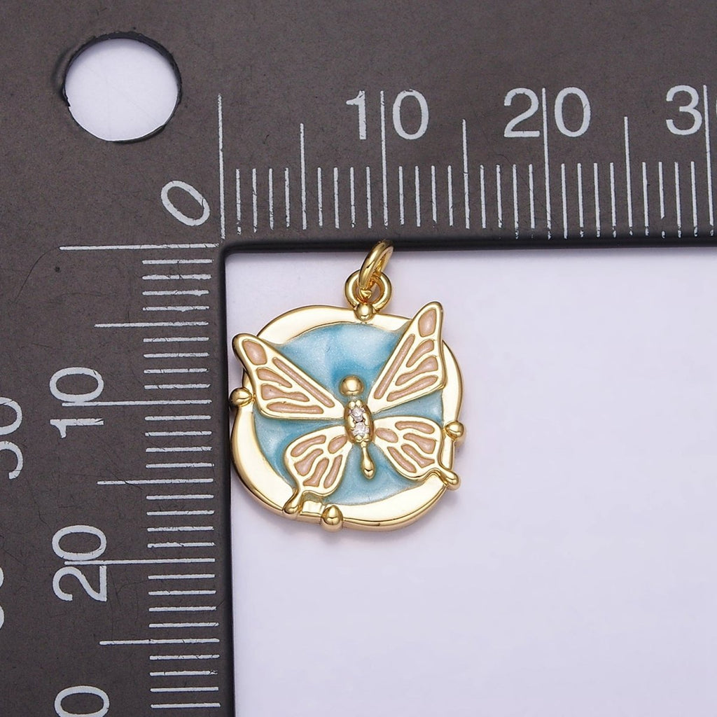 16K Gold plated Butterfly White, Pink, Blue Sparkly Enamel Round Square Charm in Gold & Silver | AC1549 - AC1554 - DLUXCA