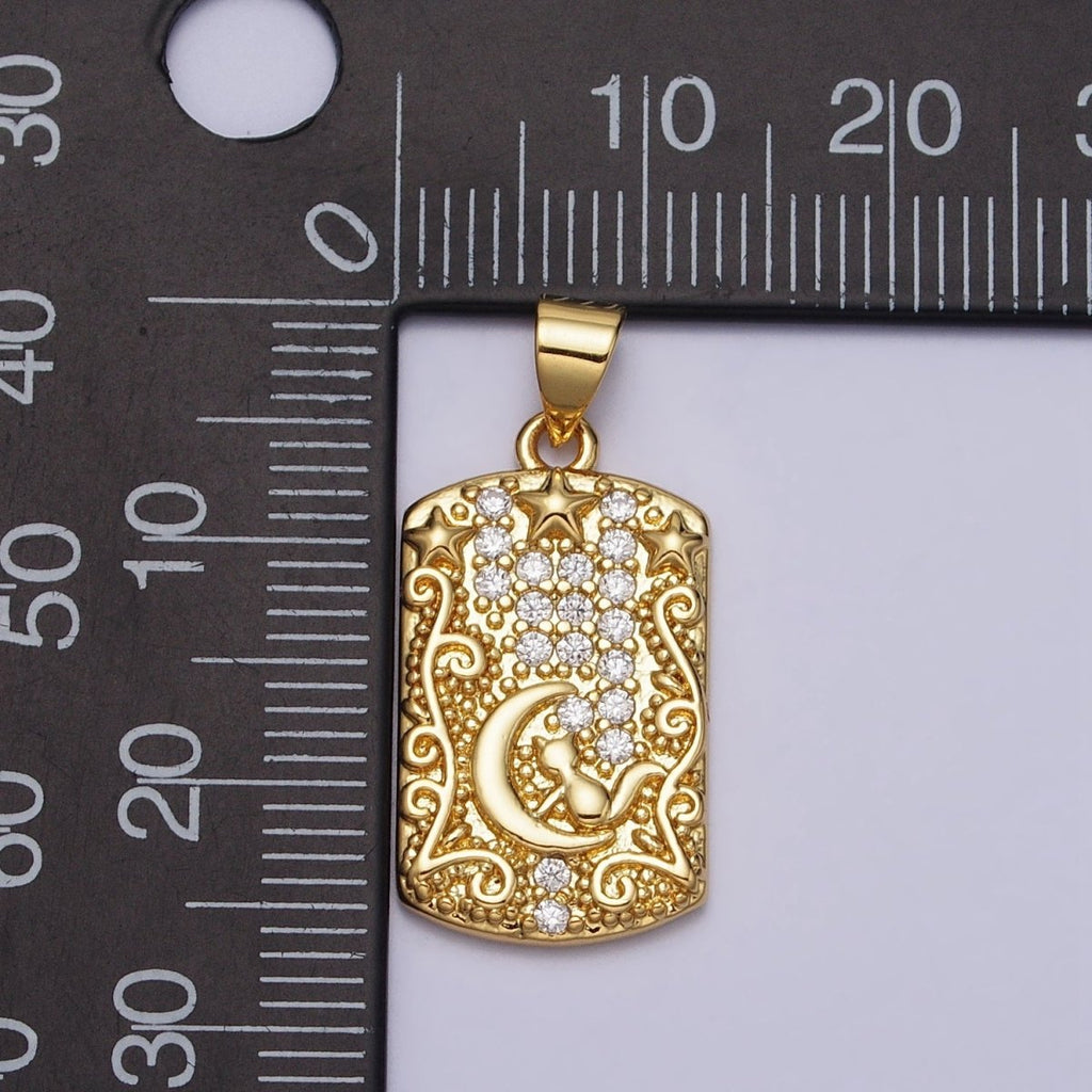 16K Gold plated Cat Animal Celestial Crescent Moon Clear CZ Micro Paved Rectangular Tag Pendant | AA082 - DLUXCA