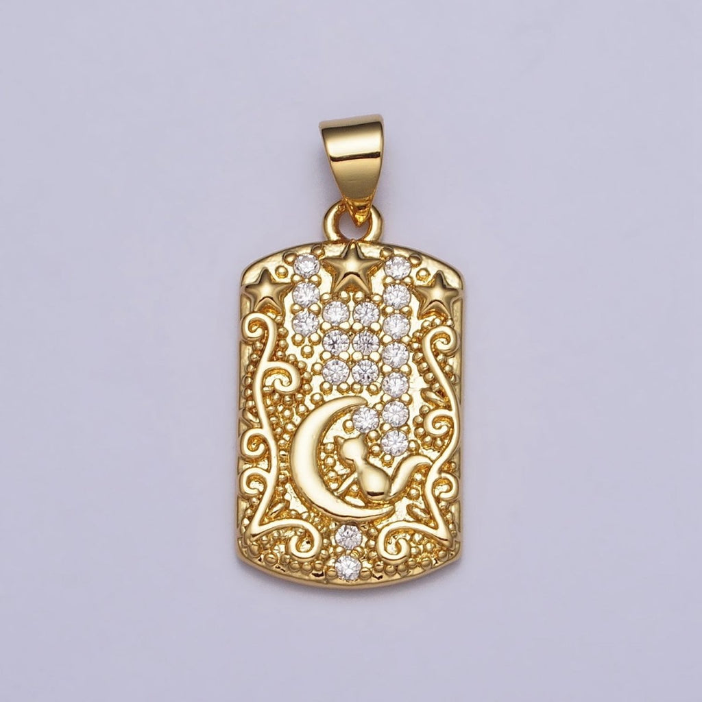 16K Gold plated Cat Animal Celestial Crescent Moon Clear CZ Micro Paved Rectangular Tag Pendant | AA082 - DLUXCA