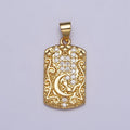 16K Gold plated Cat Animal Celestial Crescent Moon Clear CZ Micro Paved Rectangular Tag Pendant | AA082 - DLUXCA