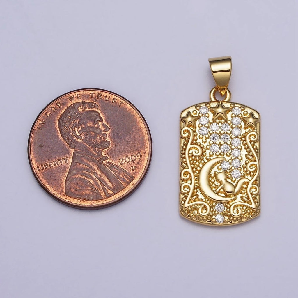 16K Gold plated Cat Animal Celestial Crescent Moon Clear CZ Micro Paved Rectangular Tag Pendant | AA082 - DLUXCA