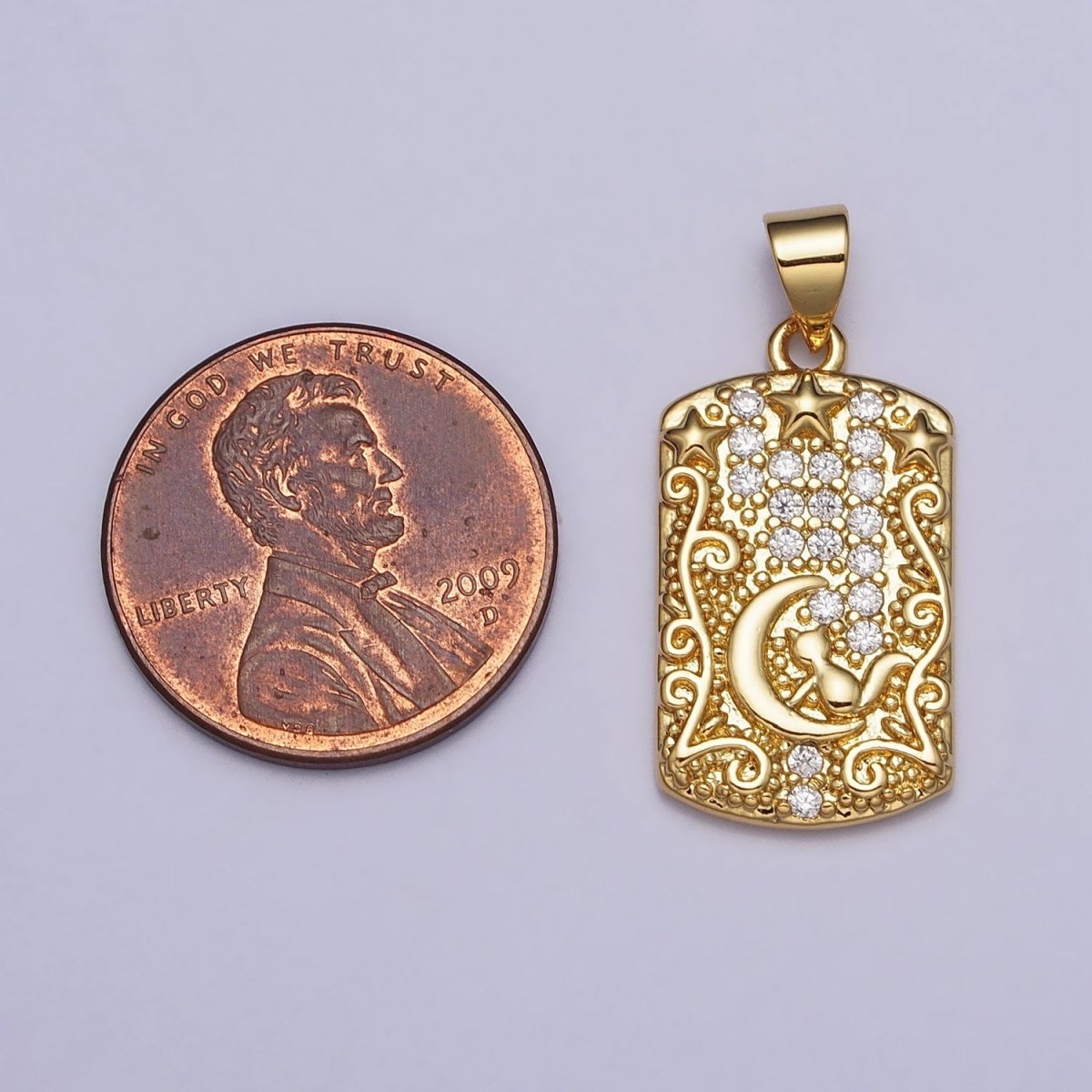 16K Gold plated Cat Animal Celestial Crescent Moon Clear CZ Micro Paved Rectangular Tag Pendant | AA082 - DLUXCA
