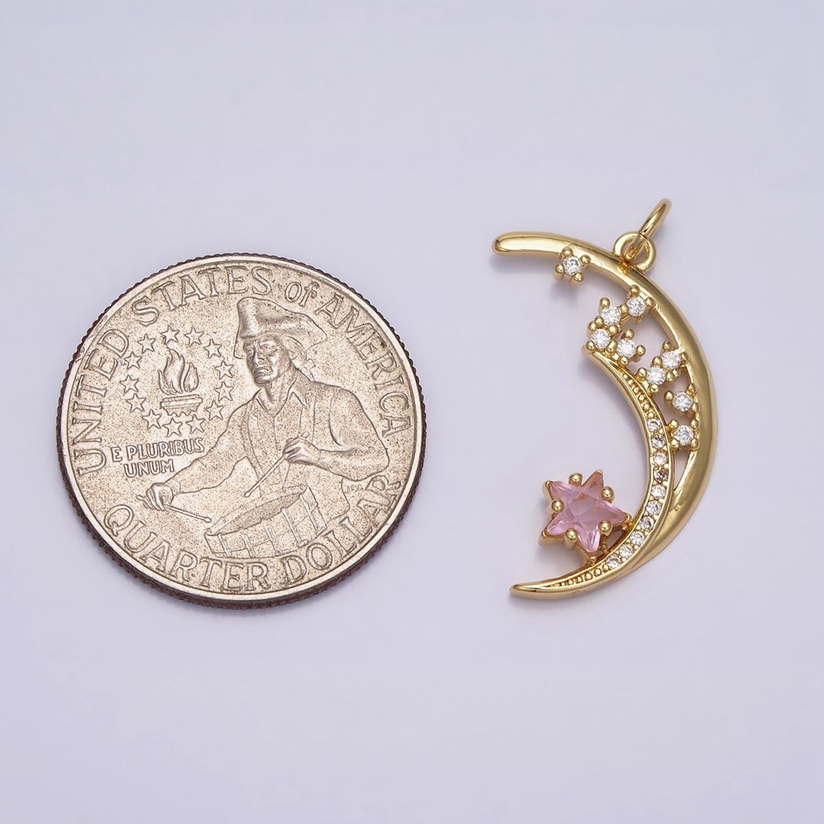 16K Gold plated Celestial Crescent Moon Pink Star Micro Paved CZ Charm | AA483 - DLUXCA