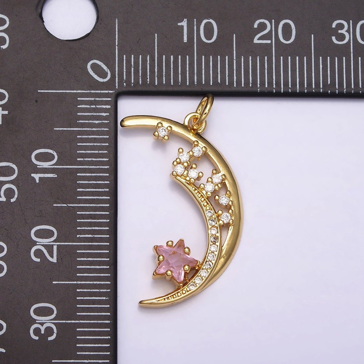 16K Gold plated Celestial Crescent Moon Pink Star Micro Paved CZ Charm | AA483 - DLUXCA
