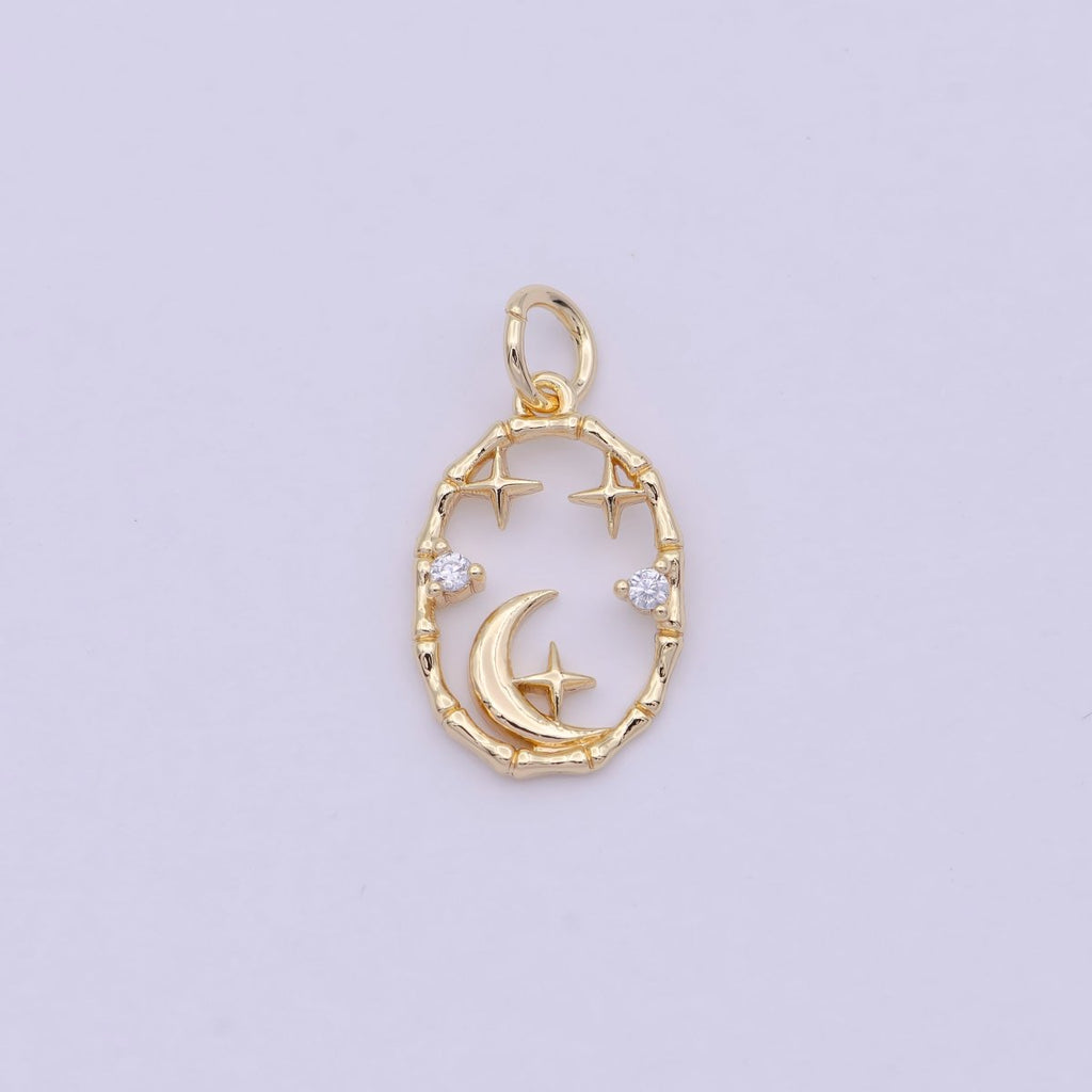 16K Gold plated Celestial Crescent Moon Stars CZ Open Oval Charm in Gold & Silver N-247 AC-275