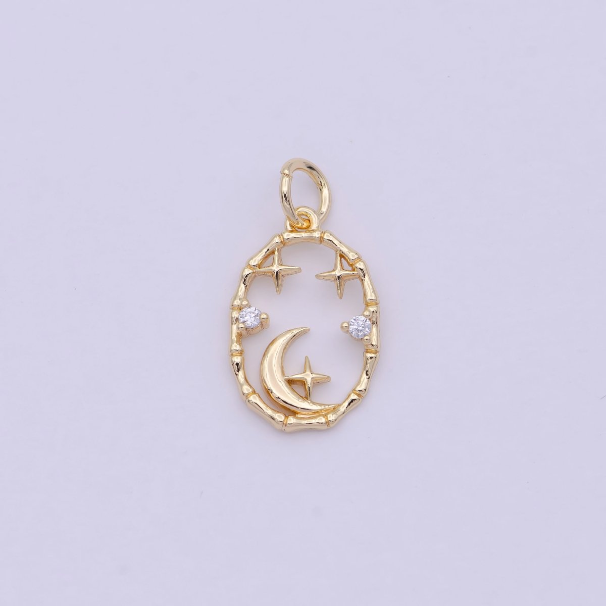 16K Gold plated Celestial Crescent Moon Stars CZ Open Oval Charm in Gold & Silver N-247 AC-275