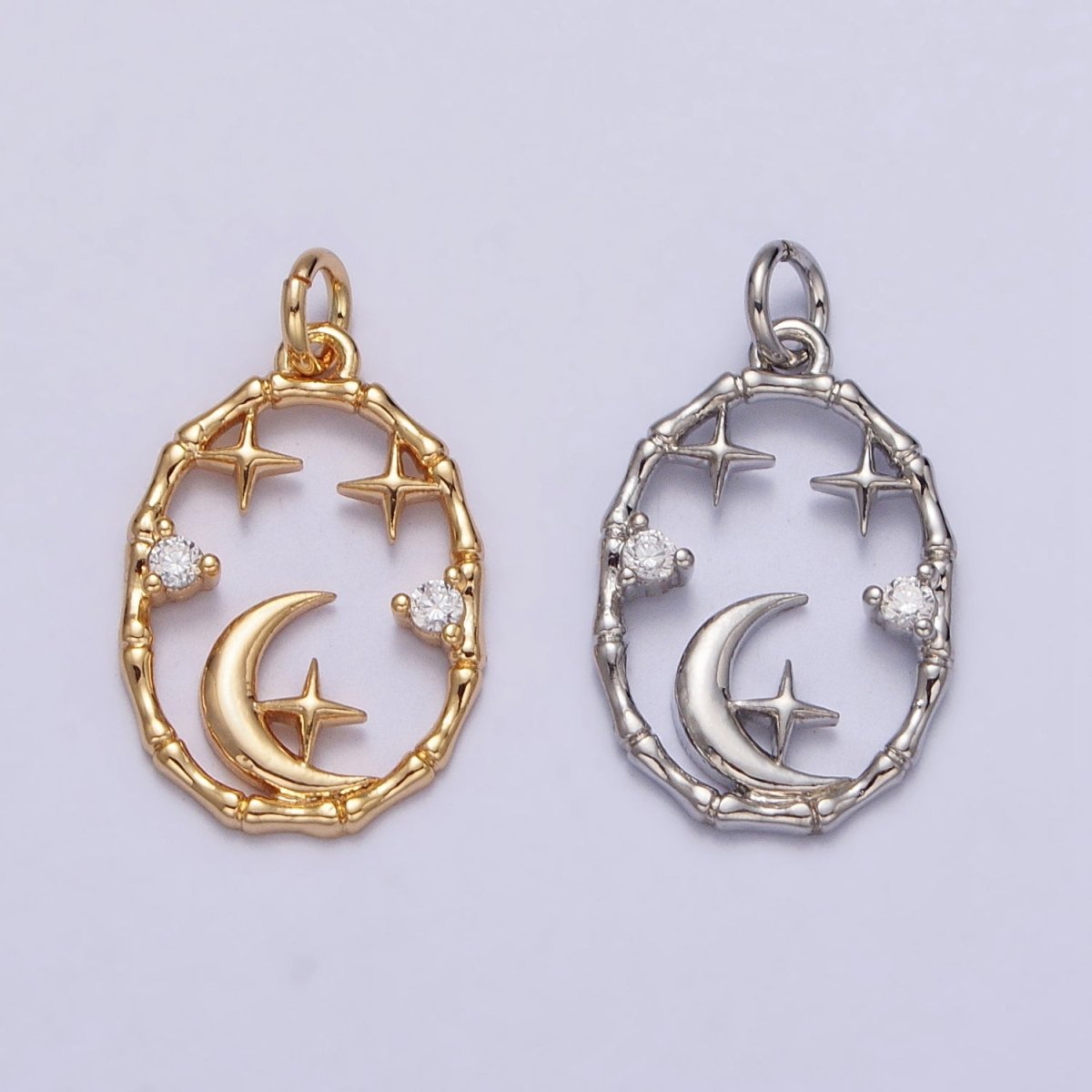 16K Gold plated Celestial Crescent Moon Stars CZ Open Oval Charm in Gold & Silver N-247 AC-275