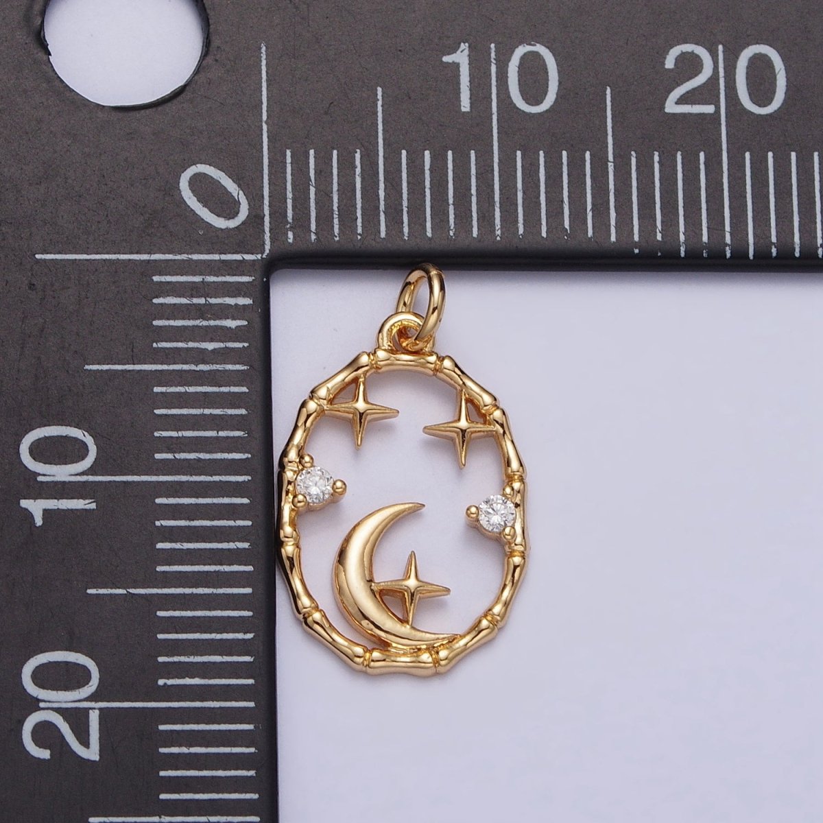 16K Gold plated Celestial Crescent Moon Stars CZ Open Oval Charm in Gold & Silver N-247 AC-275