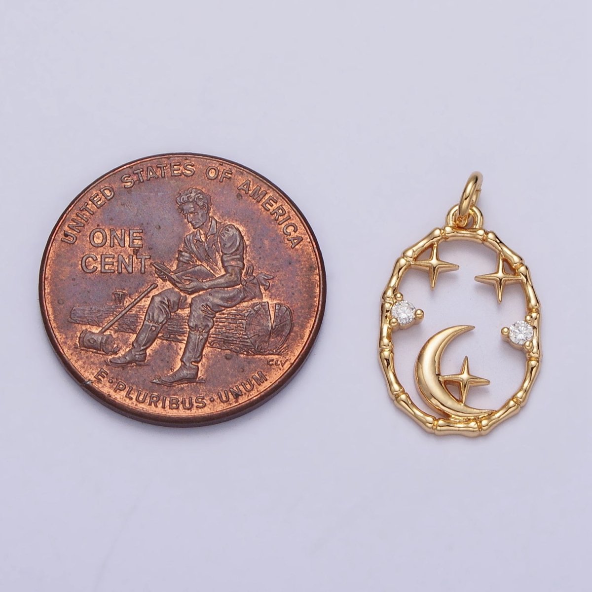 16K Gold plated Celestial Crescent Moon Stars CZ Open Oval Charm in Gold & Silver N-247 AC-275