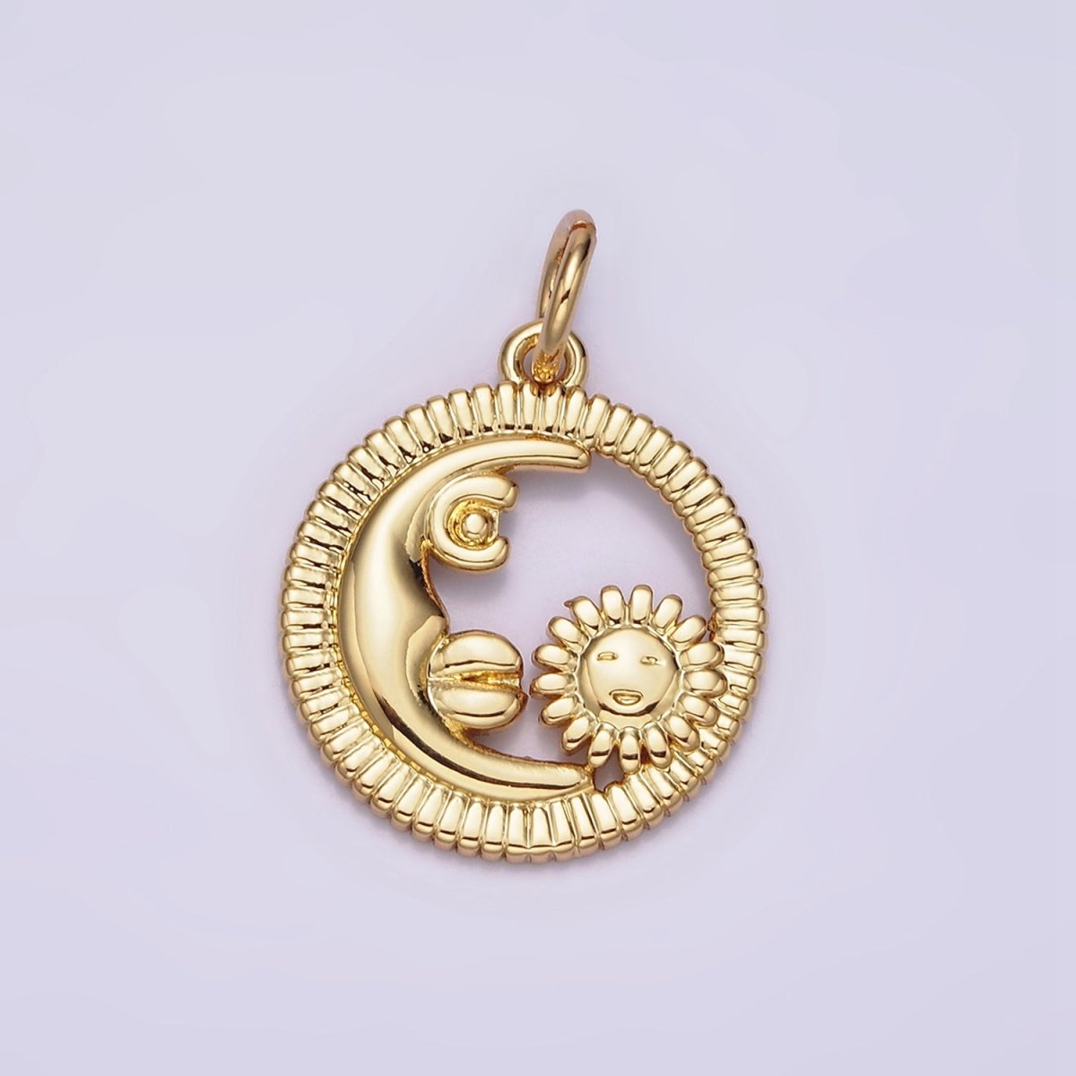 16K Gold plated Celestial Crescent Moon Sunflower Face Open Round Line-Textured Charm | N980 - DLUXCA