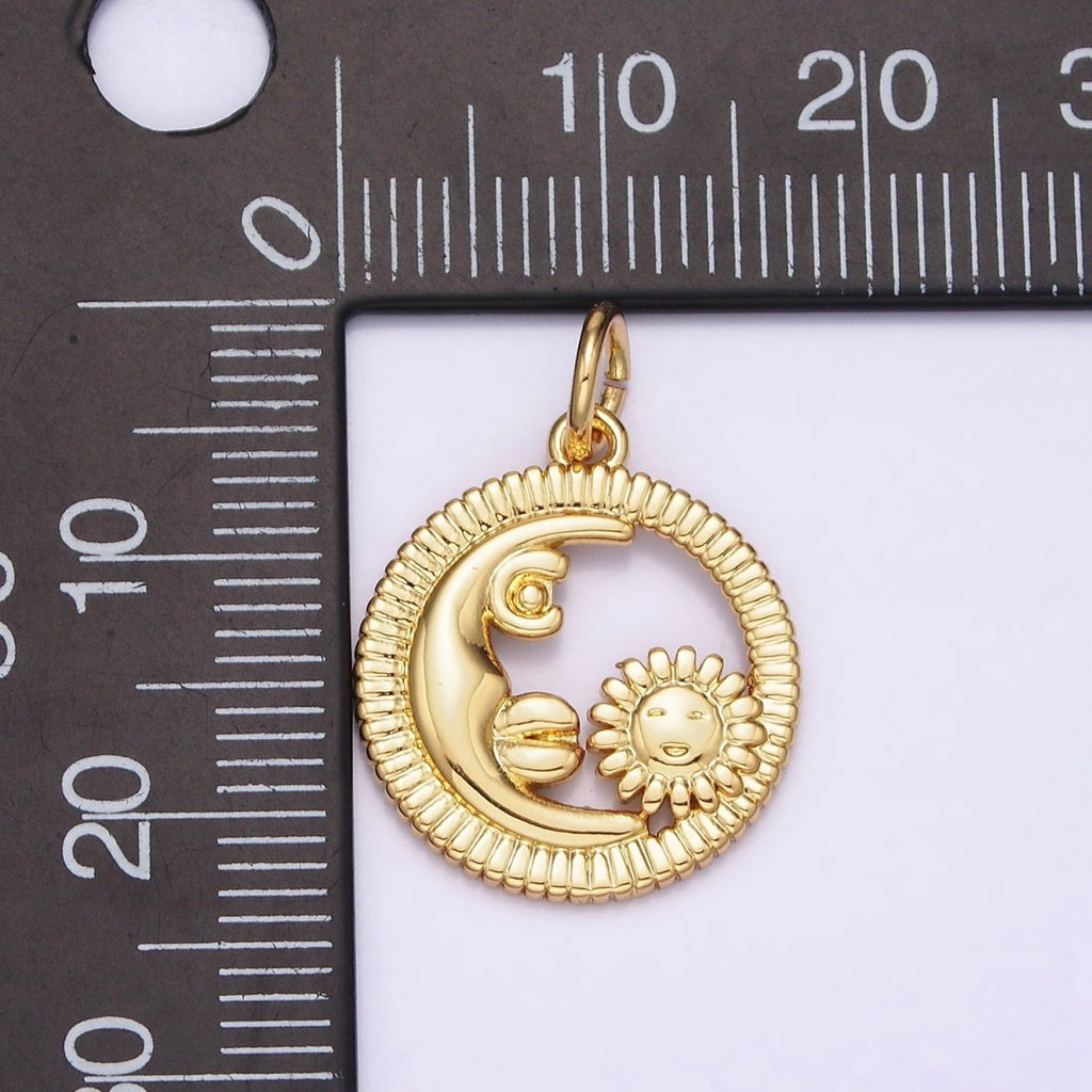 16K Gold plated Celestial Crescent Moon Sunflower Face Open Round Line-Textured Charm | N980 - DLUXCA