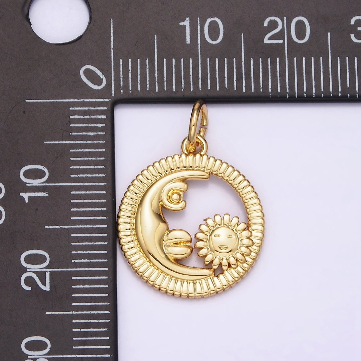 16K Gold plated Celestial Crescent Moon Sunflower Face Open Round Line-Textured Charm | N980 - DLUXCA